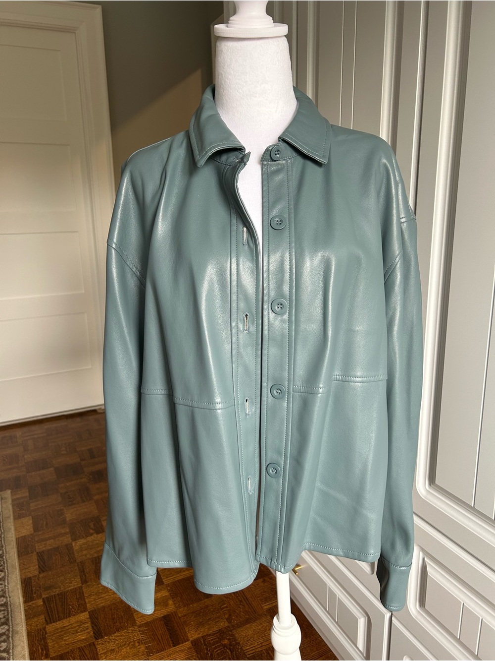 7 For All Mankind Sage Green Vegan Leather Button-Up Shirt/Jacket